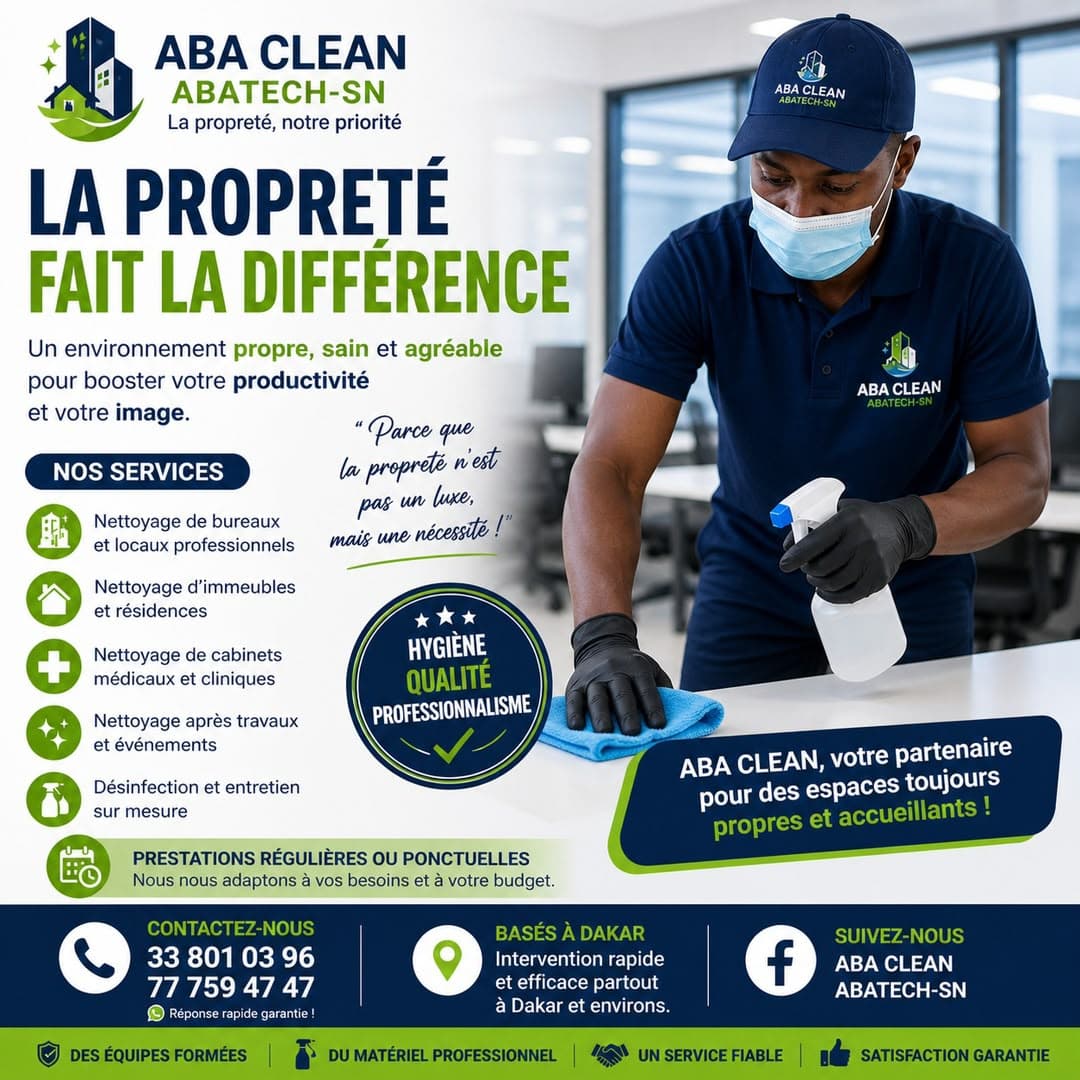 Affiche ABA CLEAN ABATECH-SN, nettoyage de bureaux : agent en tenue ABA CLEAN désinfectant un poste de travail