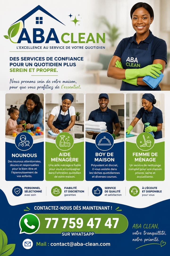 Affiche ABA CLEAN, services à domicile : équipe en tenue ABA CLEAN (nounou, aide ménagère, boy de maison, femme de ménage)